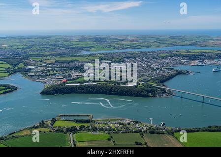 The busy Milford Haven Waterway and Oil and Gas terminals at Hakim, Pembrokeshire Stock Photo