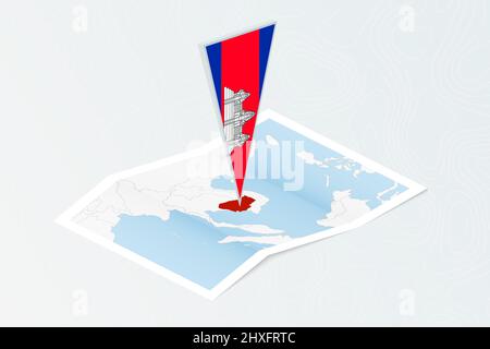 Isometric paper map of Cambodia with triangular flag of Cambodia in isometric style. Map on topographic background. Vector illustration. Stock Vector