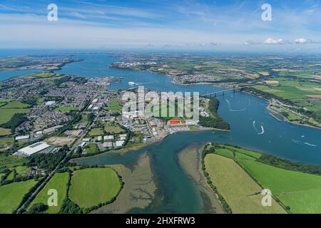 The busy Milford Haven Waterway and Oil and Gas terminals at Hakim, Pembrokeshire Stock Photo