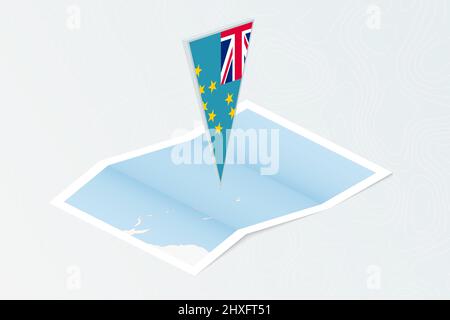 Isometric paper map of Tuvalu with triangular flag of Tuvalu in isometric style. Map on topographic background. Vector illustration. Stock Vector