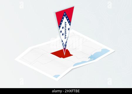 Isometric paper map of Arkansas with triangular flag of Arkansas in isometric style. Map on topographic background. Vector illustration. Stock Vector