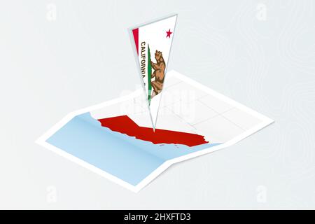 Isometric paper map of California with triangular flag of California in isometric style. Map on topographic background. Vector illustration. Stock Vector