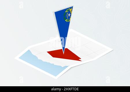 Isometric paper map of Nevada with triangular flag of Nevada in isometric style. Map on topographic background. Vector illustration. Stock Vector