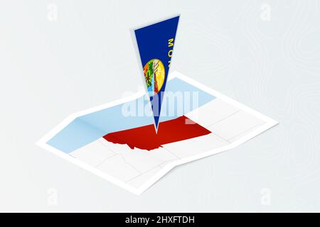 Isometric paper map of Montana with triangular flag of Montana in isometric style. Map on topographic background. Vector illustration. Stock Vector