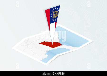 Isometric paper map of Georgia with triangular flag of Georgia in isometric style. Map on topographic background. Vector illustration. Stock Vector