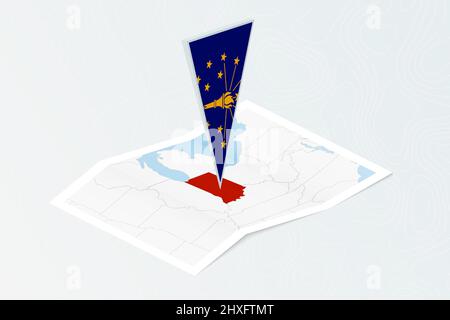 Isometric paper map of Indiana with triangular flag of Indiana in isometric style. Map on topographic background. Vector illustration. Stock Vector
