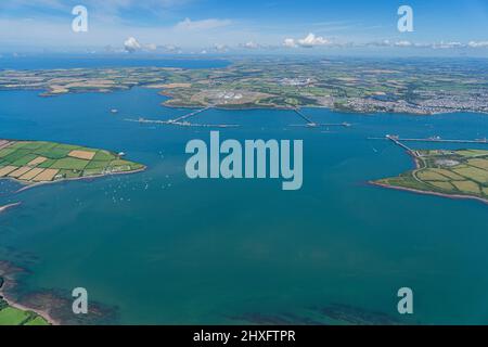 The busy Milford Haven Waterway and Oil and Gas terminals at Hakim, Pembrokeshire Stock Photo