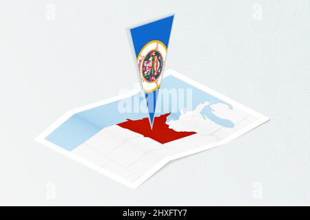 Isometric paper map of Minnesota with triangular flag of Minnesota in isometric style. Map on topographic background. Vector illustration. Stock Vector