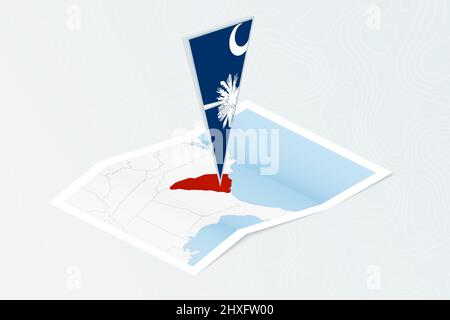 Isometric paper map of North Carolina with triangular flag of North ...