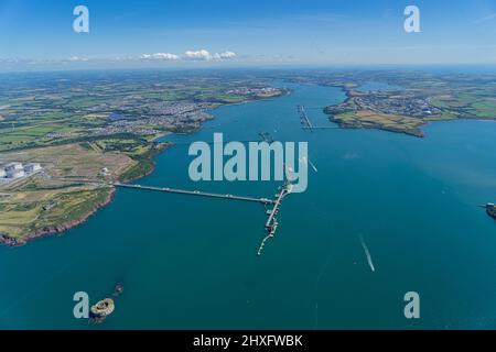 The busy Milford Haven Waterway and Oil and Gas terminals at Hakim, Pembrokeshire Stock Photo