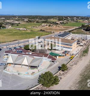 CEIP Colònia de Sant Jordi, Aerial view of the Childhood and Primary Education College, Ses Salines, Mallorca, Balearic Islands, Spain. Stock Photo