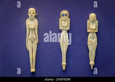 Ivory female figurines with Lapis Lazuli inlay eyes. Ancient Egyptian, Early Middle Predynastic, 3900-3300 BC, British museum, London, England, Great Britain. Stock Photo