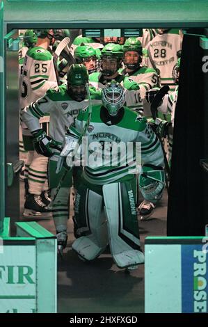 North Dakota Fighting Hawks goaltender Zach Driscoll (33) leads his team onto the ice before game one of the quarter-final round of the NCHC playoffs between the Colorado College Tigers and the University of North Dakota Fighting Hawks at Ralph Engelstad Arena in Grand Forks, ND on Friday, March 11, 2022. North Dakota won 2-1. By Russell Hons/CSM Stock Photo