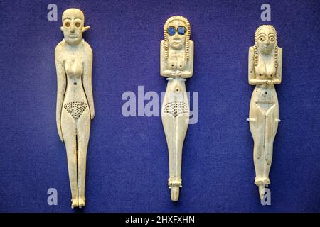 Ivory female figurines with Lapis Lazuli inlay eyes. Ancient Egyptian, Early Middle Predynastic, 3900-3300 BC, British museum, London, England, Great Britain. Stock Photo