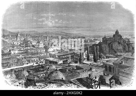 Early View or Historic View over the Old Town or Historic District of Tbilisi or Tiflis, Capital of Georgia. Vintage Illustration or Engraving 1860. Stock Photo