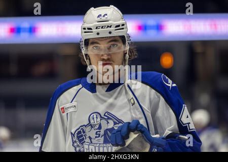 March 11, 2022: Syracuse Crunch defenseman Frank Hora (44) looks around prior to a game against the Rochester Americans. The Rochester Americans hosted the Syracuse Crunch on Irish Night in an American Hockey League game at the Blue Cross Arena in Rochester, New York. (Jonathan Tenca/CSM) Stock Photo