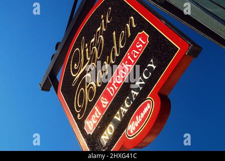 A sign at the Lizzie Borden bed and Breakfast, site of the infamous murder, in Fall River, MA Stock Photo