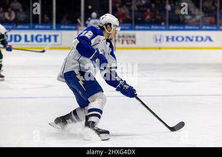 March 11, 2022: Syracuse Crunch forward Alex Barre-Boulet (12) skates with the puck in the first period against the Rochester Americans. The Rochester Americans hosted the Syracuse Crunch on Irish Night in an American Hockey League game at the Blue Cross Arena in Rochester, New York. (Jonathan Tenca/CSM) Stock Photo