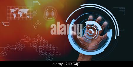 man using  virtual screen or    futuristic screen to model global weather .  Innovation technology metaverse and business concept. Space for text. Abs Stock Photo