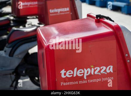 Alicante, Spain. 11th Mar, 2022. Spanish fast-food restaurant chain of Telepizza delivery motorcycles seen parked on the street in Spain. (Photo by Xavi Lopez/SOPA Images/Sipa USA) Credit: Sipa USA/Alamy Live News Stock Photo