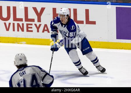 March 11, 2022: Syracuse Crunch forward Charles Hudon (55) skates with the puck in the second period against the Rochester Americans. The Rochester Americans hosted the Syracuse Crunch on Irish Night in an American Hockey League game at the Blue Cross Arena in Rochester, New York. (Jonathan Tenca/CSM) Stock Photo