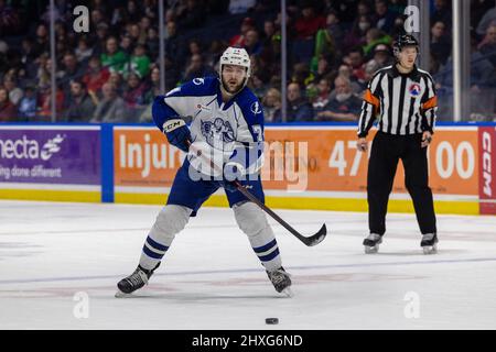 March 11, 2022: Syracuse Crunch defenseman Sean Day (74) makes a pass in the first period against the Rochester Americans. The Rochester Americans hosted the Syracuse Crunch on Irish Night in an American Hockey League game at the Blue Cross Arena in Rochester, New York. (Jonathan Tenca/CSM) Stock Photo