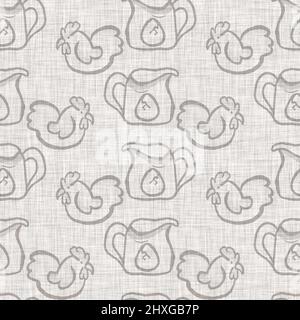 Farmhouse grey chicken hen linen seamless pattern. Tonal french country cottage style farm animal background. Simple vintage rustic fabric textile Stock Photo