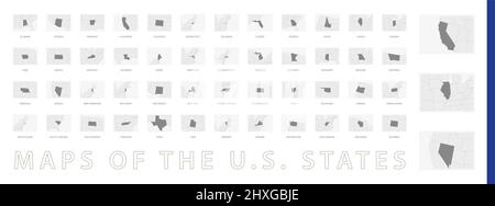 A collection of maps of all the U.S. States in gray color. Maps with neighboring states. Stock Vector