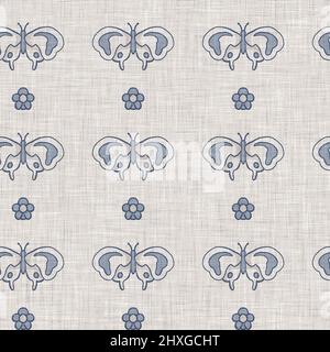 Farmhouse blue butterfly linen seamless pattern. Tonal french country cottage style farm animal background. Simple vintage rustic fabric textile Stock Photo