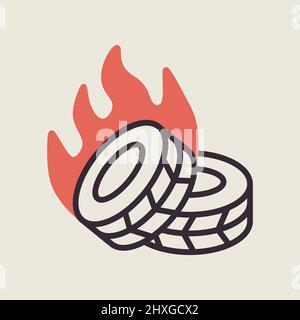 Two lying burning tires revolutionary barricade isolated vector icon. Demonstration, protest, strike, revolution Stock Vector