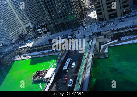 Chicago, IL, USA. 12th Mar, 2022. View of the Chicago River dyed green in celebration of St. Patrick's Day in Chicago, Illinois on March 12, 2022. Credit: Mpi34/Media Punch/Alamy Live News Stock Photo