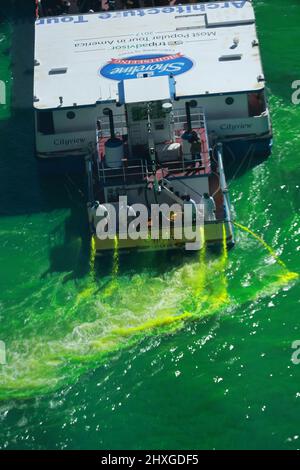 Chicago, IL, USA. 12th Mar, 2022. View of the Chicago River dyed green in celebration of St. Patrick's Day in Chicago, Illinois on March 12, 2022. Credit: Mpi34/Media Punch/Alamy Live News Stock Photo