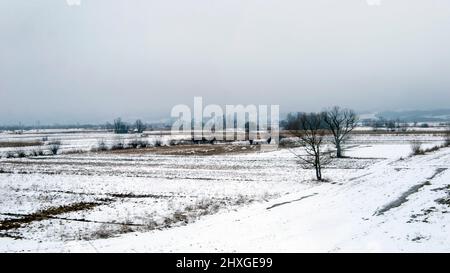 Winter panorama of the Jadar river valley in western Serbia near the town of Loznica. Stock Photo