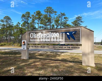 Folkston, Georgia, USA - March 3, 2022: Entrance sign at the Okefenokee National Wildlife Refuge, North America's largest blackwater swamp. Stock Photo