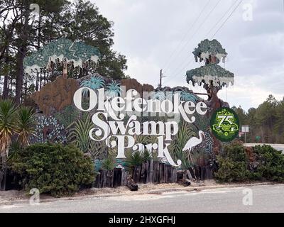 Waycross, Georgia, USA - March 3, 2022: A sign for the Okefenokee Swamp Park family attraction. Stock Photo