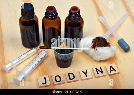 Iodine looks like lugol fluid lugola wanted in pharmacies during the risk of radioactive radiation, explosion atomic bomb or the Chernobyl nuclear pow Stock Photo