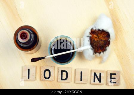 Iodine looks like lugol fluid lugola wanted in pharmacies during the risk of radioactive radiation, explosion atomic bomb or the Chernobyl nuclear pow Stock Photo