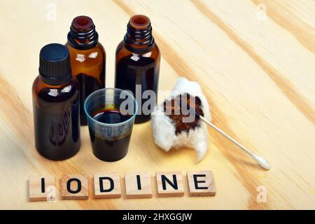 Iodine looks like lugol fluid lugola wanted in pharmacies during the risk of radioactive radiation, explosion atomic bomb or the Chernobyl nuclear pow Stock Photo