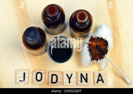 Iodine looks like lugol fluid lugola wanted in pharmacies during the risk of radioactive radiation, explosion atomic bomb or the Chernobyl nuclear pow Stock Photo