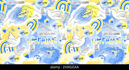 Ukraine seamless vector pattern. SYMBOLS OF THE COUNTRY in Ukrainian national colors blue-yellow. repeat pattern. Support the background of Ukraine Stock Vector