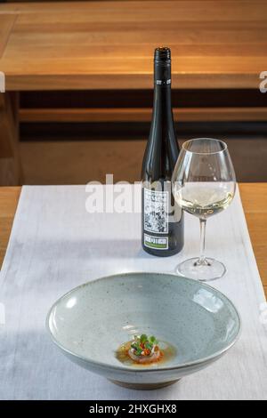 Wakame cured Arctic char, English wasabi, trout roe & barbequed bone at the one Michelin-starred  Angel at Hetton in Yorkshire , United Kingdom Stock Photo