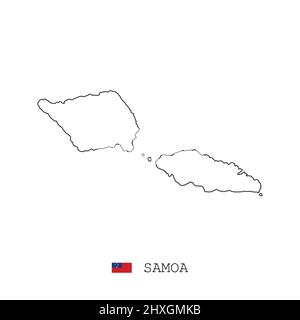 Samoa map line, linear thin vector simple outline and flag. Black on white background Stock Vector