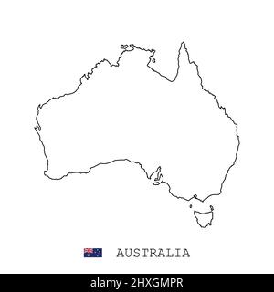 Australia map line, linear thin vector simple outline and flag. Black on white background Stock Vector