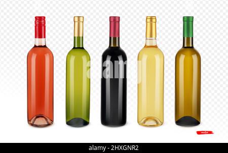 Set of white, red and pink wine bottles. Realistic vector illustration Wine bottles on transparent background. Stock Vector