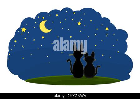 Couple of lovely cats on night starry sky background. Romantic love cats silhouettes against evening sky with many stars and moon. Vector illustration Stock Vector