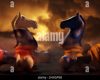 3D rendering of two chess knights with Russian and Ukrainian flags superimposed confronting each other - military conflict metaphor Stock Photo