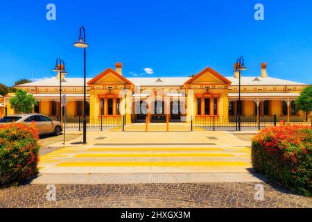 Historic heritage facade of train station in Wagga Wagga city of regional Australia. Stock Photo