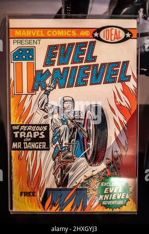 copy of a Evel Knievel comic book located at the Harley-Davidson museum in Milwaukee, Wisconsin, USA Stock Photo