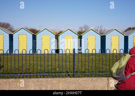 Yellow and blue beach huts seen behind a lawn ara and an iron railing. Stock Photo