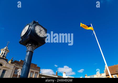 7 March 2022 - Hitchin, UK, Ukrainian flag at the Market Place in Hitchin showing support against Russia's invasion of Ukraine Stock Photo